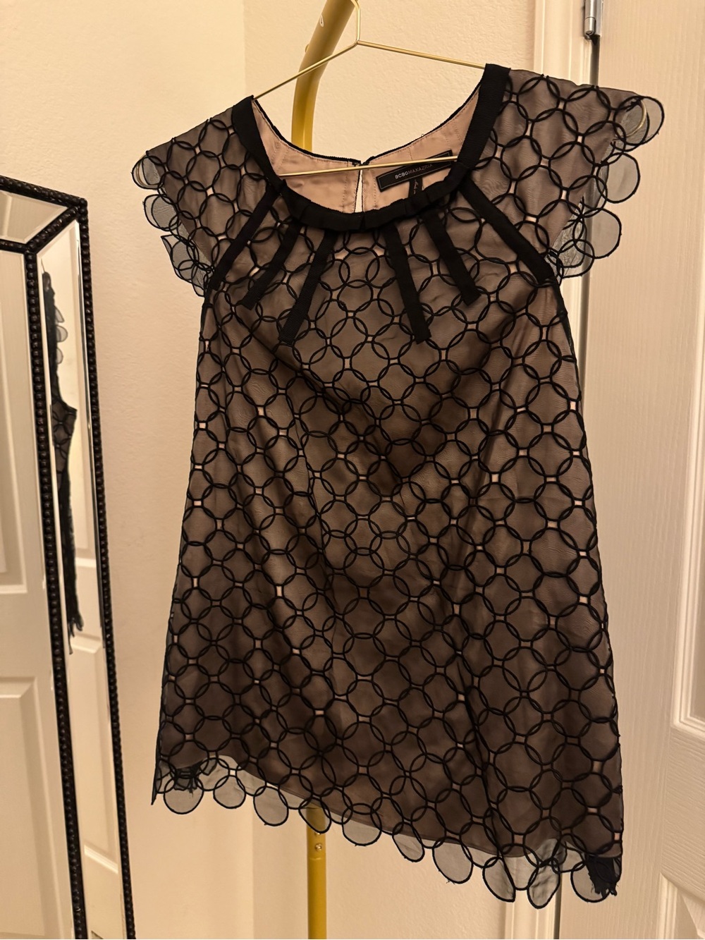 BCBGMAXAZRIA Black Nude Sheer Embroidered Statement Blouse